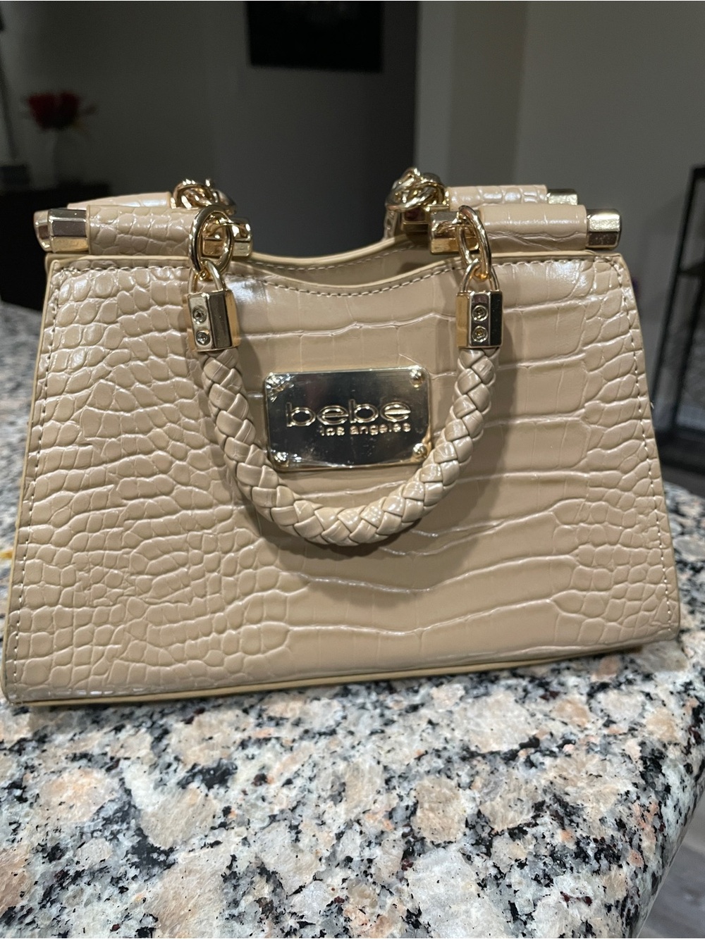 bebe Croc-Embossed Mini Top-Handle Satchel in Beige